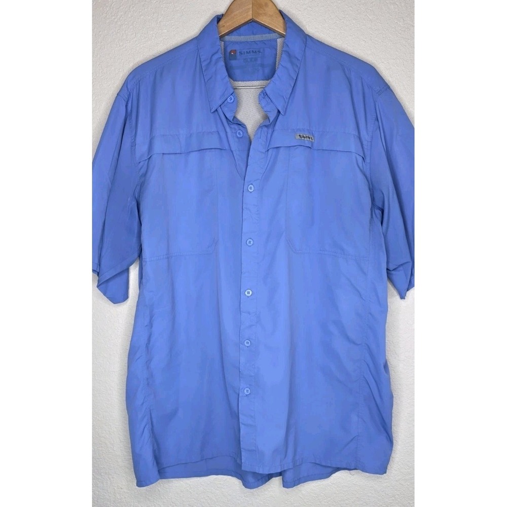 SIMMS Shirt Men 2XL Solid Blue S/S Outdoor Fishing Pocket Vented Button Up Polo
